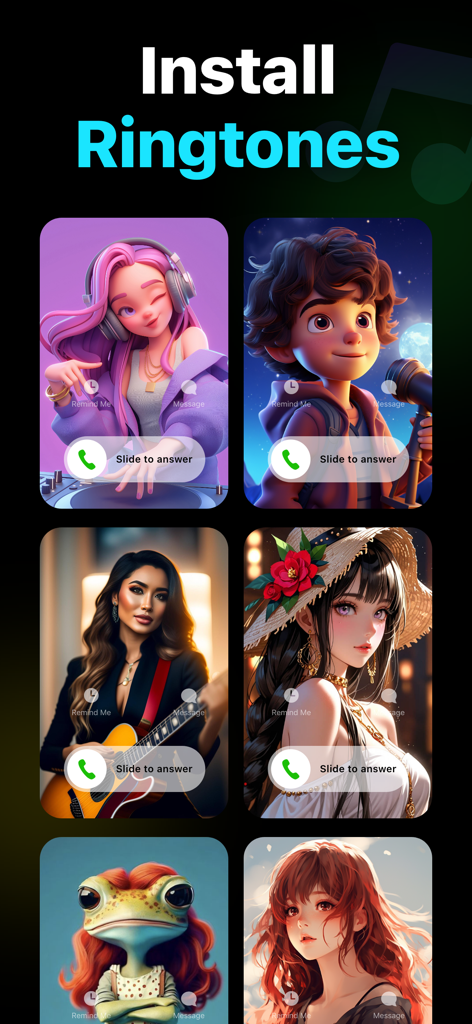 A display of custom incoming call screens with aesthetic illustrations in the Ringtone Maker Garage app