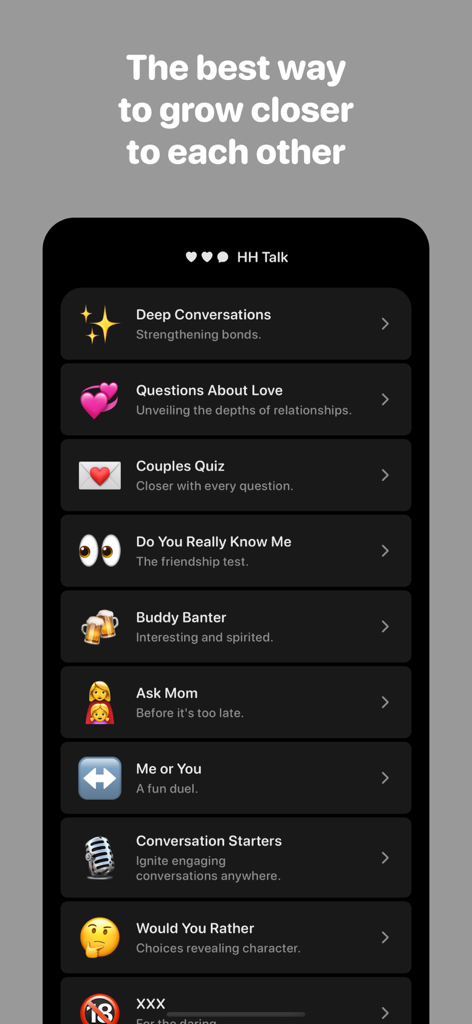 Mobile app interface for HH Talk featuring various conversation categories like Deep Conversations and Couples Quiz