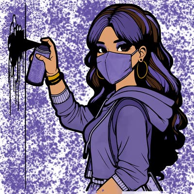 realistic girl with mask spray painting a wall