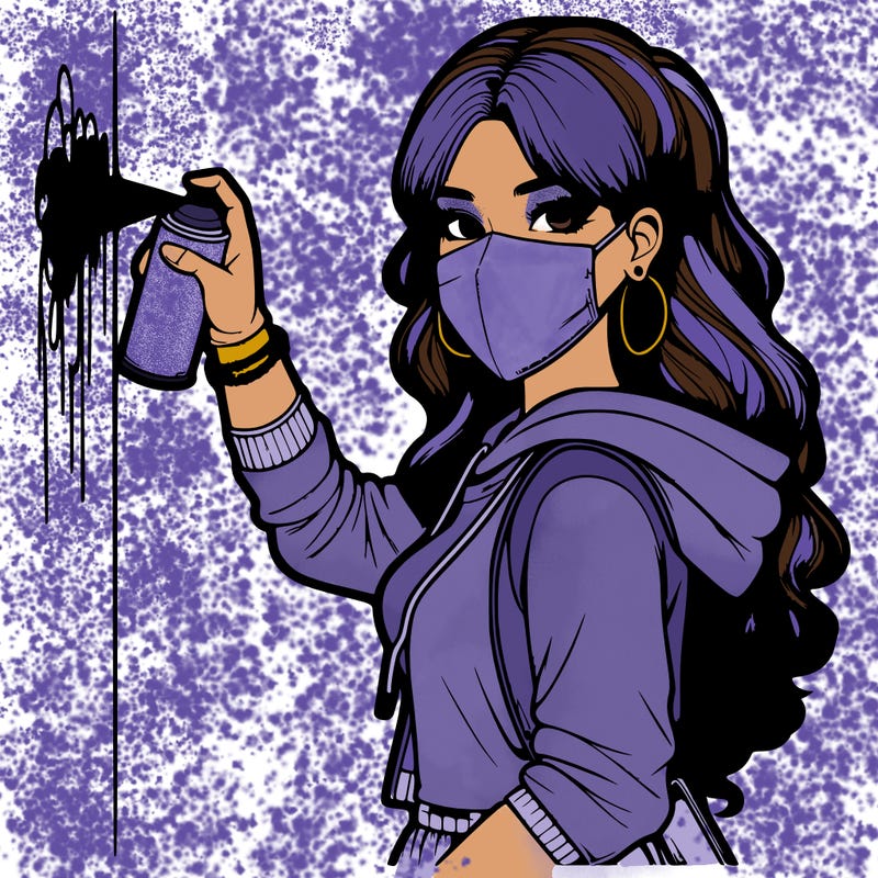 realistic girl with mask spray painting a wall