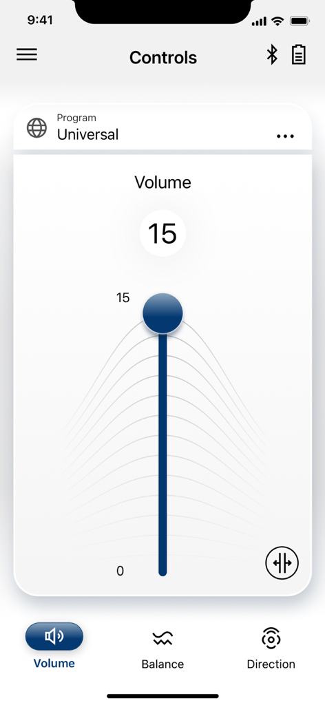 myRemote App - Una interfaz de aplicación móvil que muestra un control deslizante de volumen para audífonos con un valor de 15.