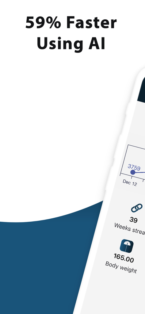 Dr. Muscle AI Personal Trainer - Interfaz de Dr. Muscle AI Entrenador Personal mostrando resultados un cincuenta y nueve por ciento más rápidos con IA y datos de seguimiento del progreso del entrenamiento.