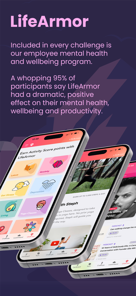 StepSense - Interfaz de la aplicación StepSense que muestra el programa de bienestar y salud mental LifeArmor con funciones de yoga y manejo de la ansiedad