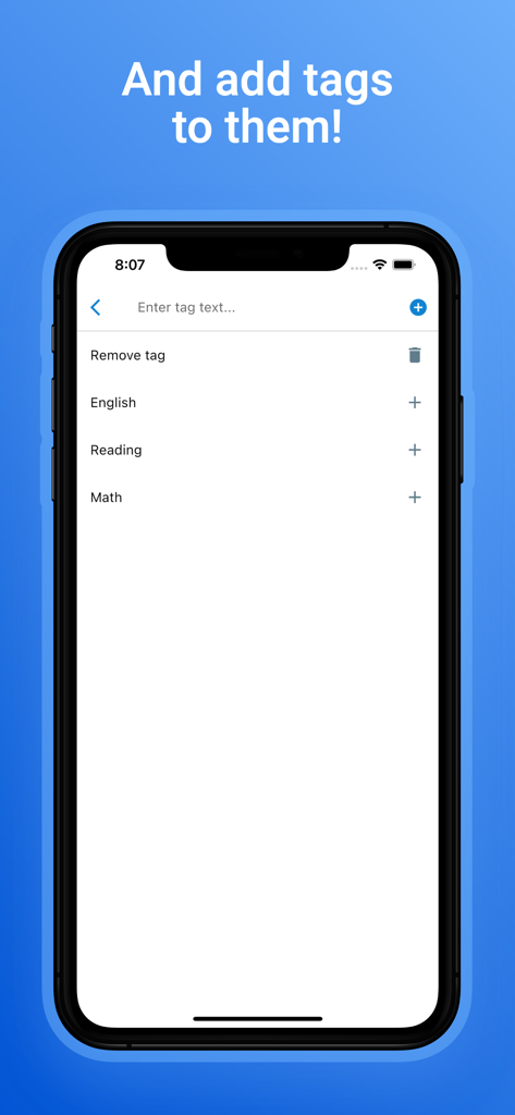 Focusi: Study Timer - Focusi app screenshot showing the tag management interface to categorize study sessions with labels like English, Reading, and Math.