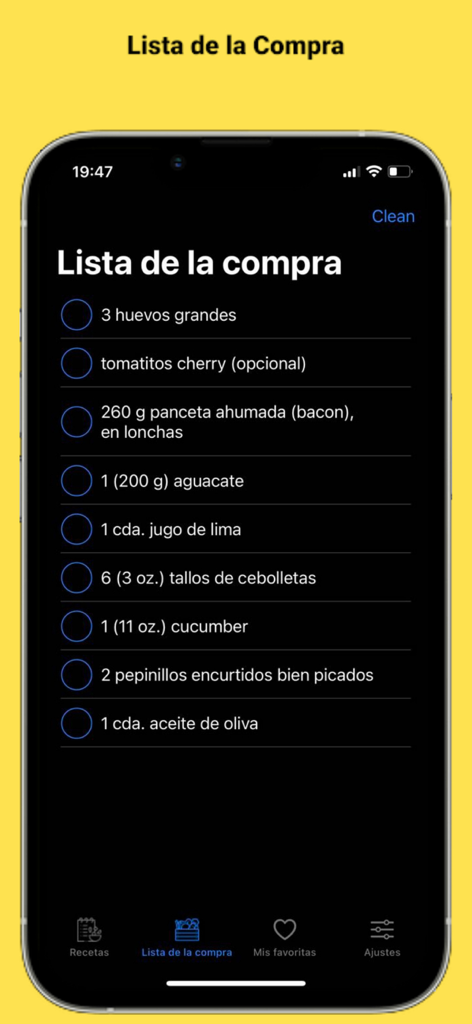 Pantalla de smartphone que muestra una lista de compras keto con ingredientes como huevos y aguacate en español