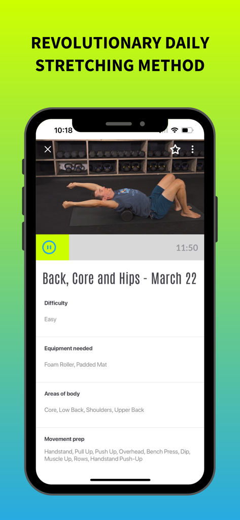 Stretch Mode: Stretching - Stretch Mode app interface showing a daily mobility class for back core and hips with video guidance
