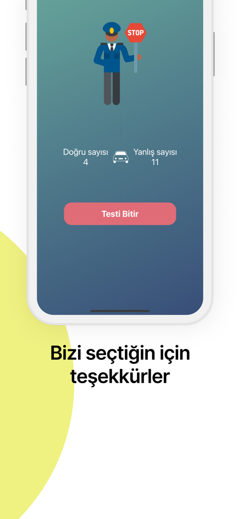 Captura de pantalla de la aplicación de examen de señales de tráfico que muestra los resultados del examen con el recuento de respuestas correctas e incorrectas