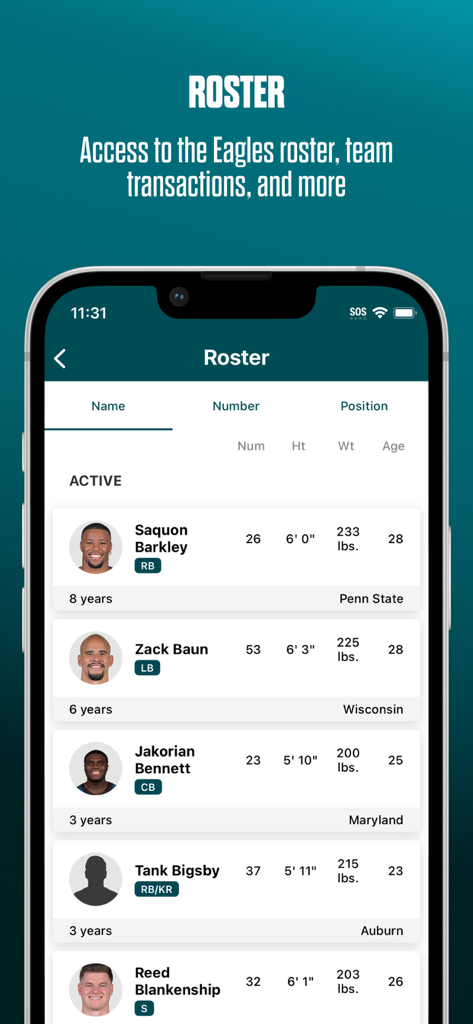 Philadelphia Eagles - Philadelphia Eagles official app roster screen displaying a list of active players with photos and performance stats
