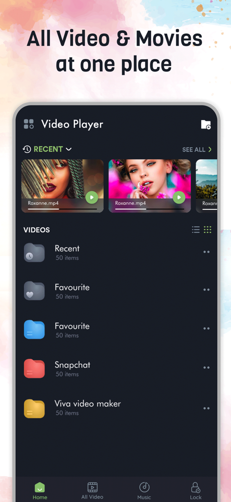 Schermata principale dell'app MX Video Player HD che mostra cartelle video organizzate e file di film recenti