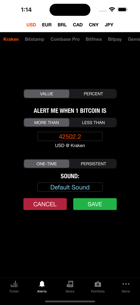 Interfaz de la aplicación Bitcoin Ticker para configurar alertas de precios personalizadas en el intercambio Kraken