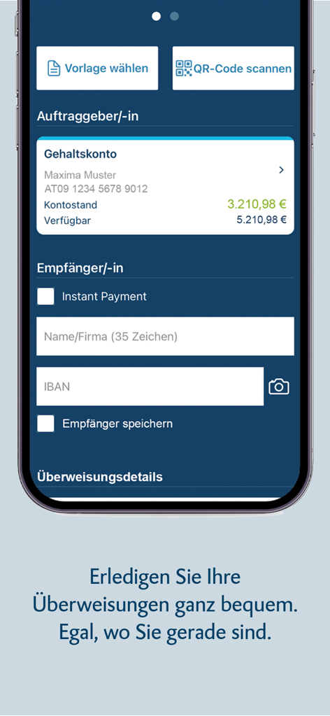 BTV Banking - Pantalla de transferencia móvil de la aplicación BTV Banking con opciones para escanear código QR y detalles del destinatario.