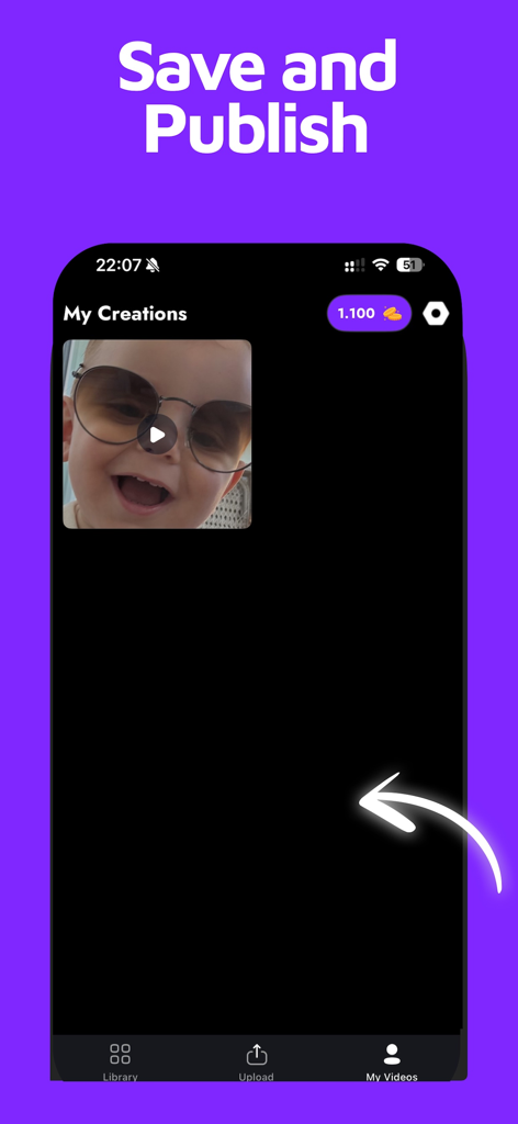AI Face Swap Video Maker-ToVid - Interface of the ToVid app showing the My Creations screen with a saved face swap video ready to be published.