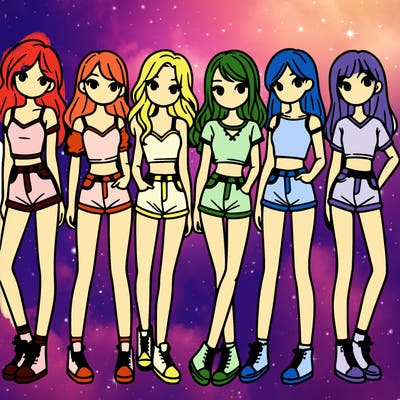 a group of girls wearing crop tops and shorts