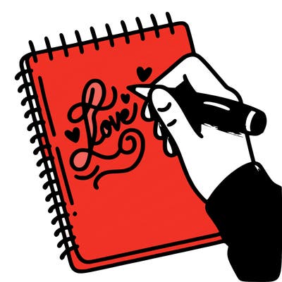 a hand writing “love” in calligraphy on a notebook