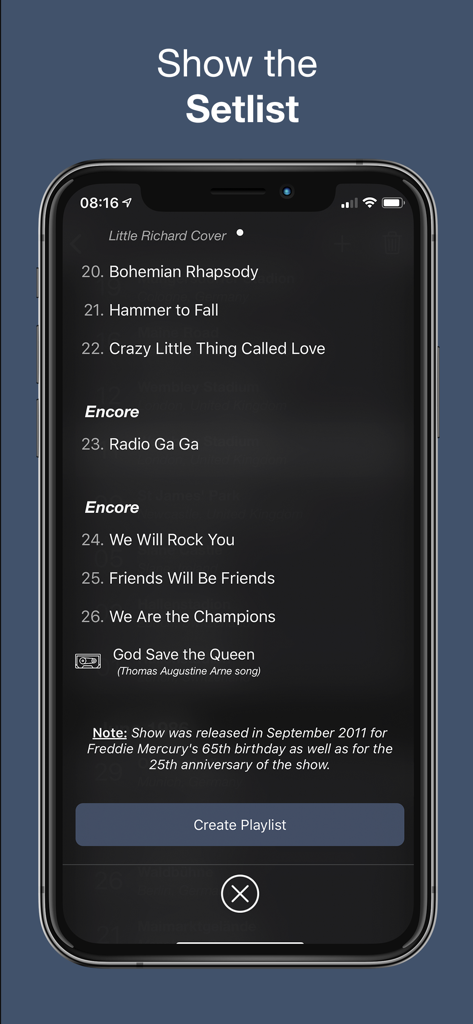 Tela de smartphone mostrando uma setlist de show com um botão de criar playlist.