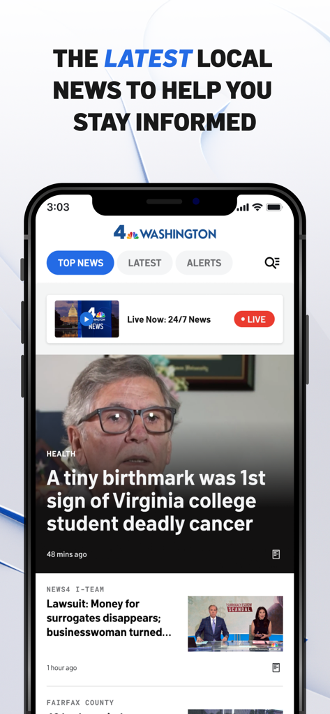 La interfaz de la aplicación de noticias locales NBC4 Washington muestra las principales noticias y transmisiones de noticias en vivo