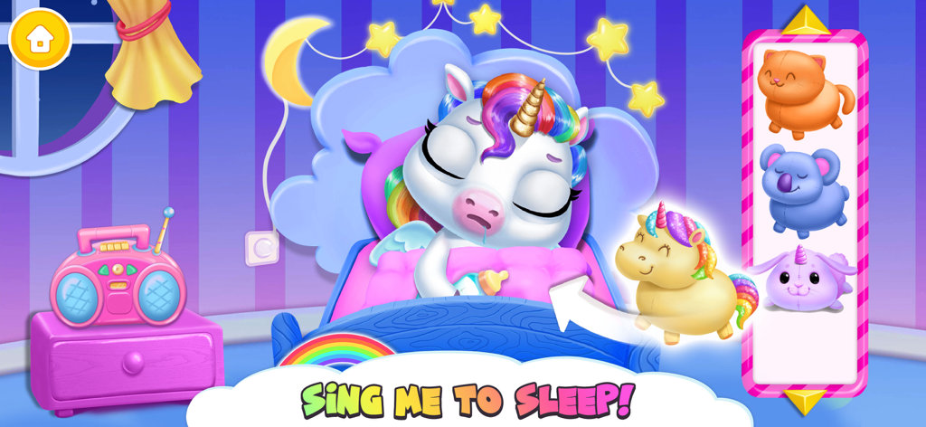 A baby unicorn with rainbow hair sleeping in a bed with soft toys and glowing stars.