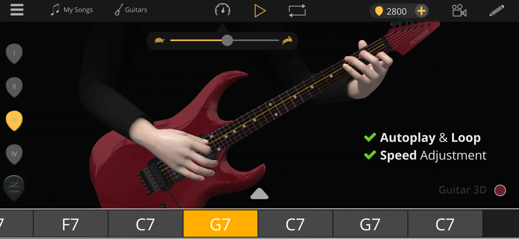 Guitar 3D - Basic Chords - 3D guitar learning interface showing finger positions on a fretboard with a chord timeline