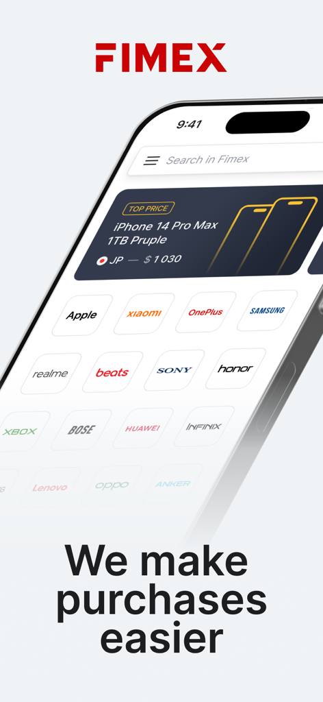 Fimex - Interfaz de la aplicación móvil Fimex que muestra una variedad de marcas de electrónica y precios mayoristas para compradores B2B