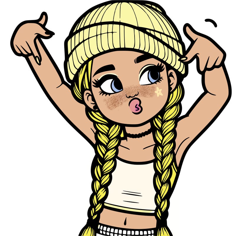realistic teenage girl with braids and a beanie and crop top doing 🫶🏼