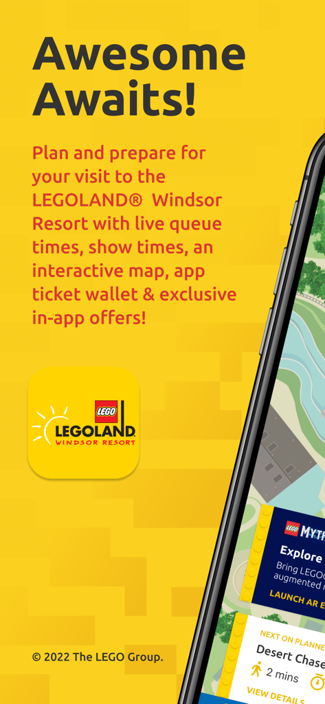 LEGOLAND Windsor Resort app welcome screen highlighting planning tools and live queue times.