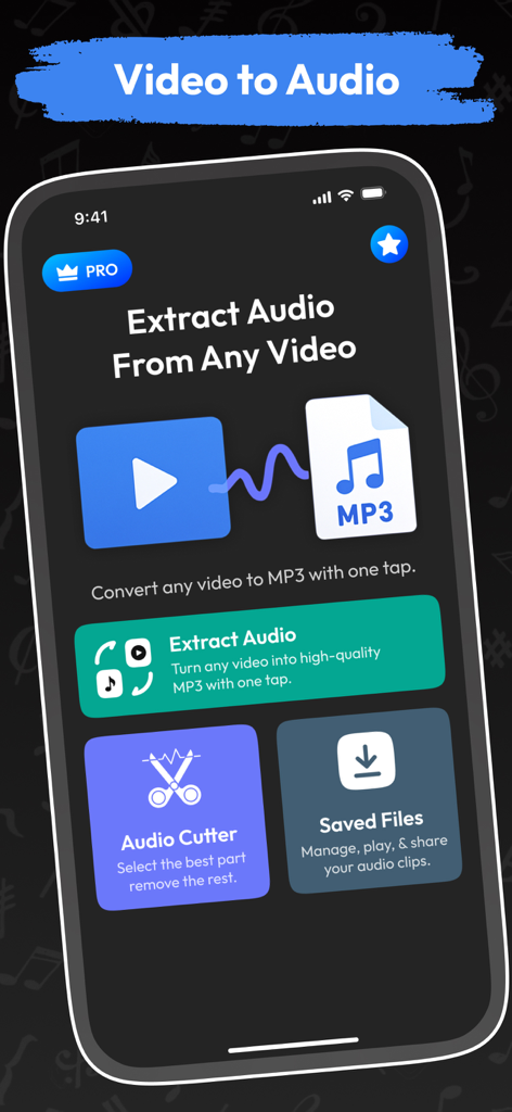 Audio Extractor Video to MP3 * - iPhone interface of an app for extracting audio from video with tools for audio cutting and file management