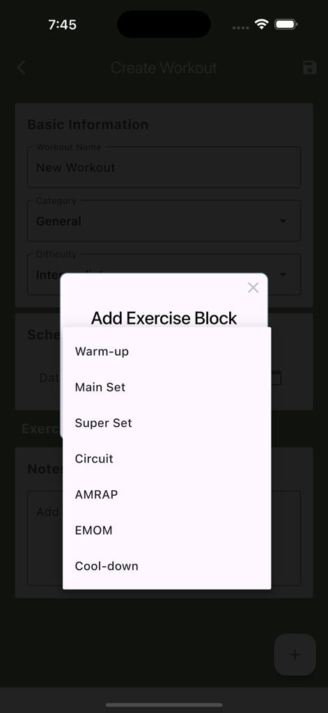 Army Fitness - army fitness app workout creation screen with add exercise block menu