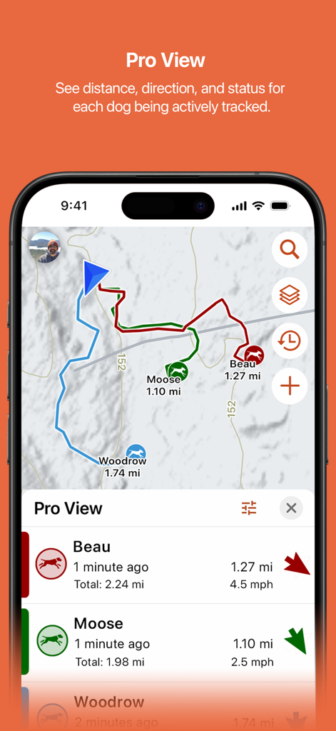 Garmin Alpha - Vue Pro de l'application Garmin Alpha affichant la distance, la direction et l'état de plusieurs chiens sur une carte topographique.