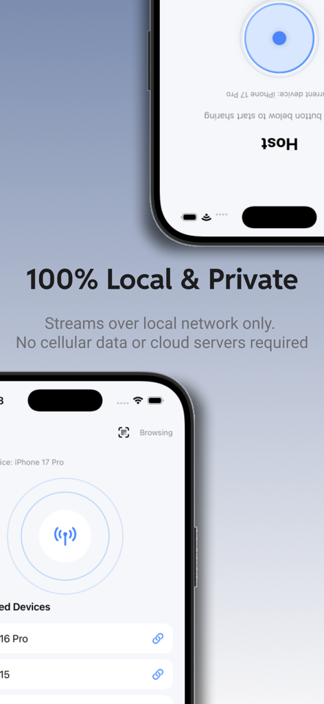 CamScreen: Photo Monitor - CamScreenアプリのスクリーンショット。セルラーデータやクラウドサーバーなしで機能するローカルおよびプライベートストリーミング機能を示しています