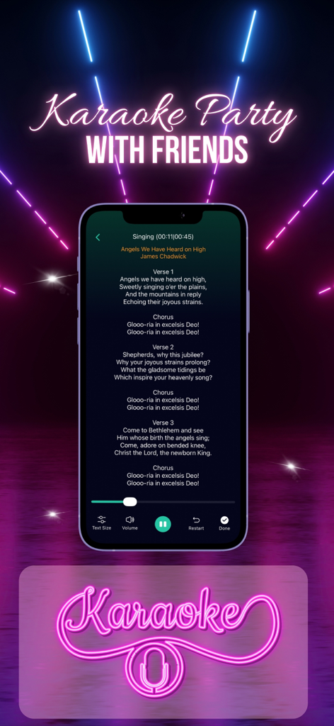Karaoke Offline: Music Player - Smartphone displaying karaoke lyrics for a song with neon party background effects