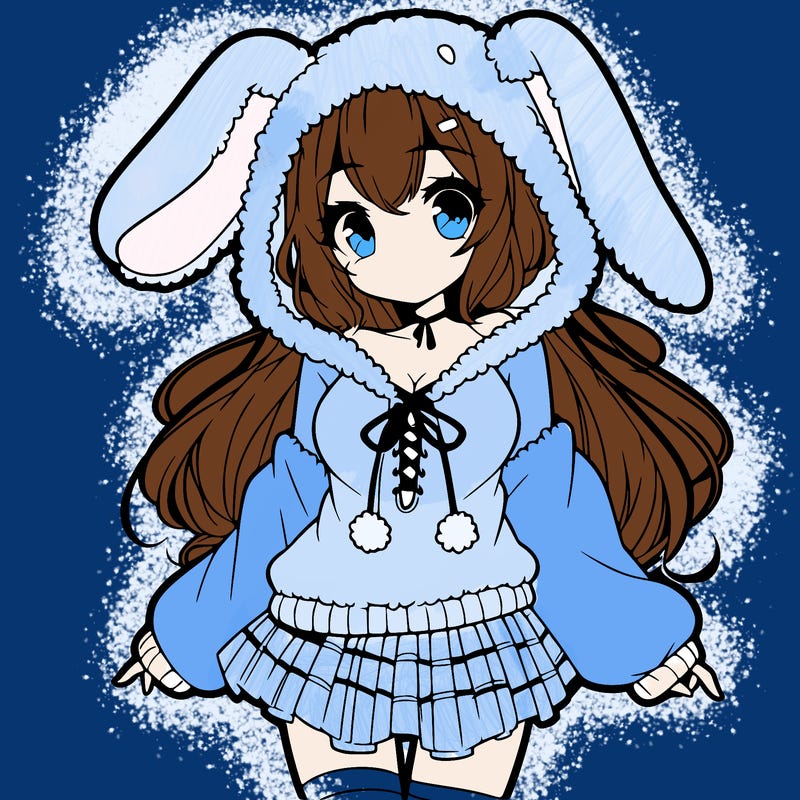 pretty anime girl wearing a fluffy hoodie with bunny ears on the hood and a skirt