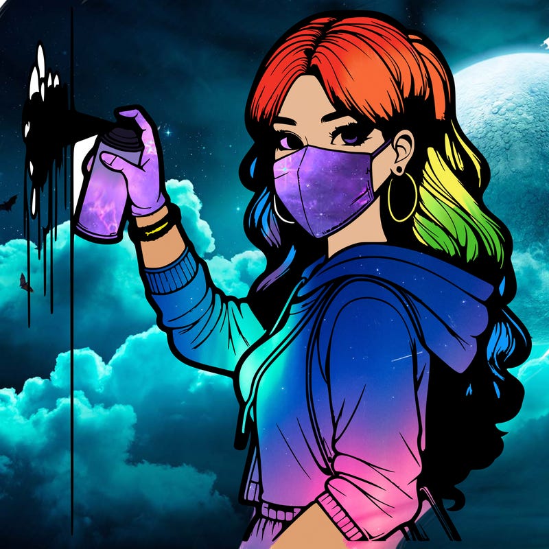 realistic girl with mask spray painting a wall