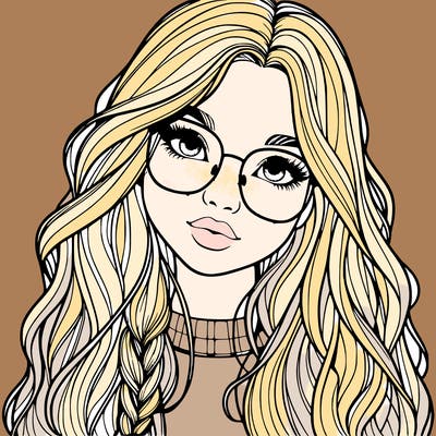 girl with long hair and freckles and glasses realistic
