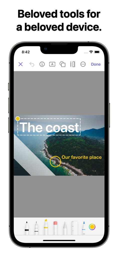 Preview mini: Image & PDF tool - Interface de l'application Preview mini sur iPhone montrant les outils d'annotation d'images avec du texte et des stylos de dessin