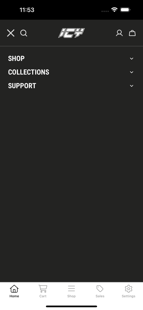 The navigation menu of the Wear Icy streetwear app featuring Shop, Collections, and Support links on a dark interface.