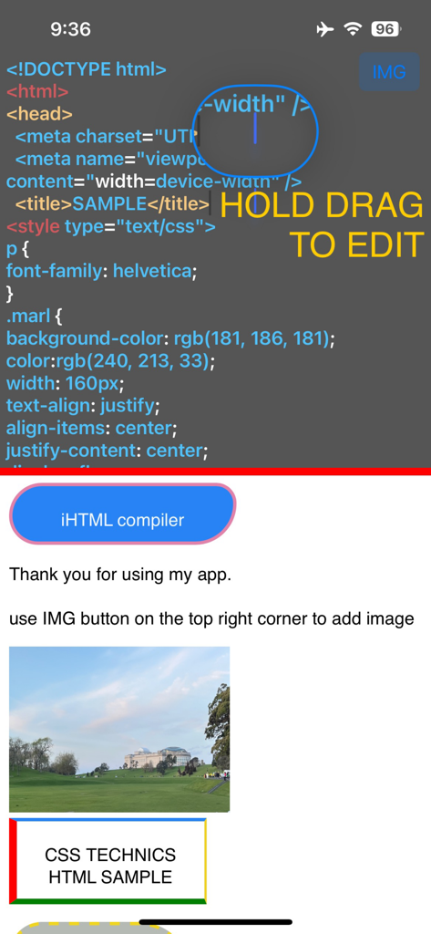 iHTML Compiler - Mobile HTML and CSS compiler interface showing code and live preview