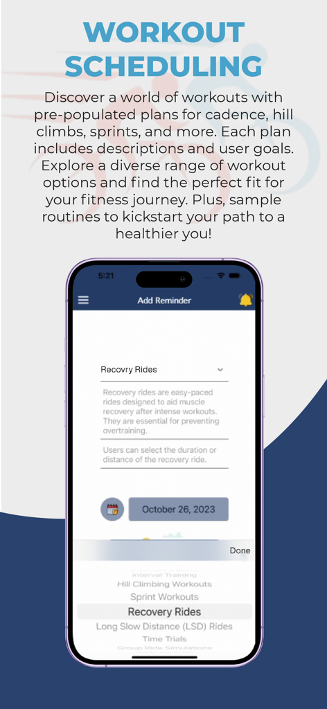 Interface de l'application Bike Mates pour planifier des entraînements de cyclisme et définir des rappels de sorties de récupération
