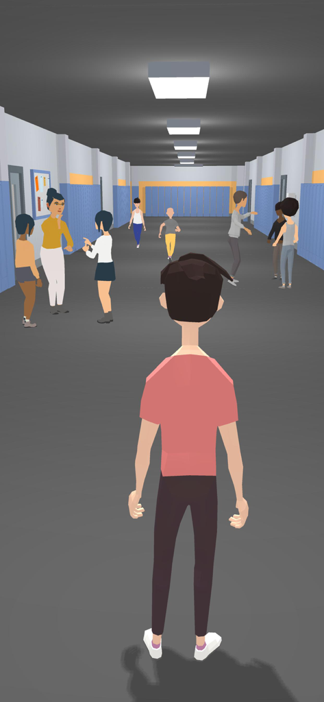 A character in a school hallway during the teenage stage of the 100 Years Life Simulator game