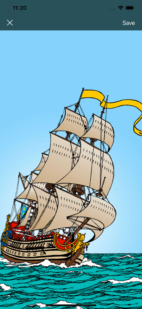 The Adventures of Tintin - Classic Herge illustration of the Unicorn sailing ship on blue water