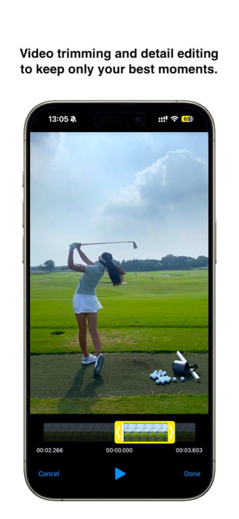 Interface of DualSwing app showing video trimming and editing tools for a golf swing recording