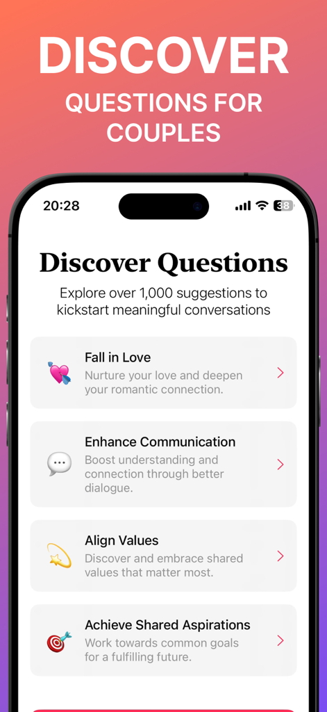 Heart2Heart app screen showing categories of questions for couples to explore including Fall in Love and Enhance Communication