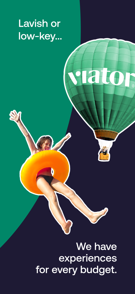 Marketinggrafik für die Viator Tours App, die Erlebnisse für verschiedene Budgets mit einem Heißluftballon und einer Frau in einem Reifen zeigt.