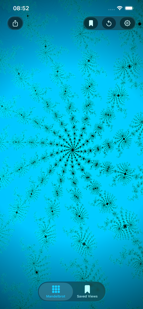 Mandel-Zoom - Intricate teal spiral fractal pattern in the Mandel-Zoom mobile app interface