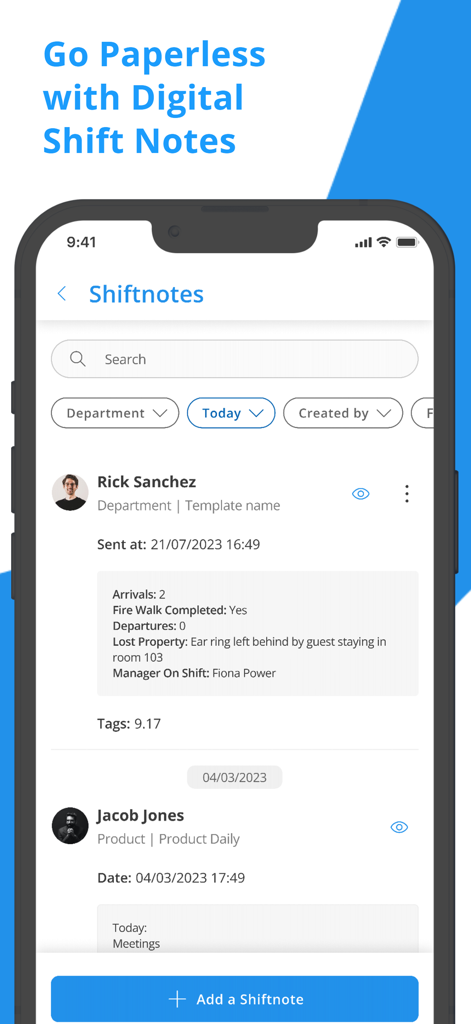 Alkimii - Alkimii mobile app interface showing a list of digital shift notes for workforce management