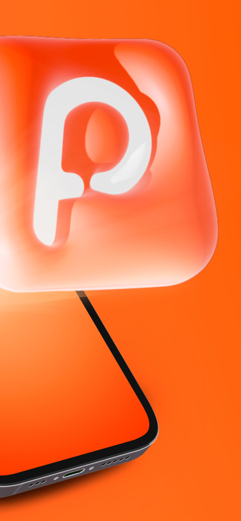 Personal Fit - A 3D Personal Fit app logo with a white P on a red square hovering above a smartphone against a vibrant orange background.