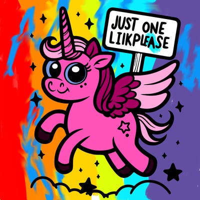 a cute unicorn, flying, and using it magic that to hold up a sign that says just one like please