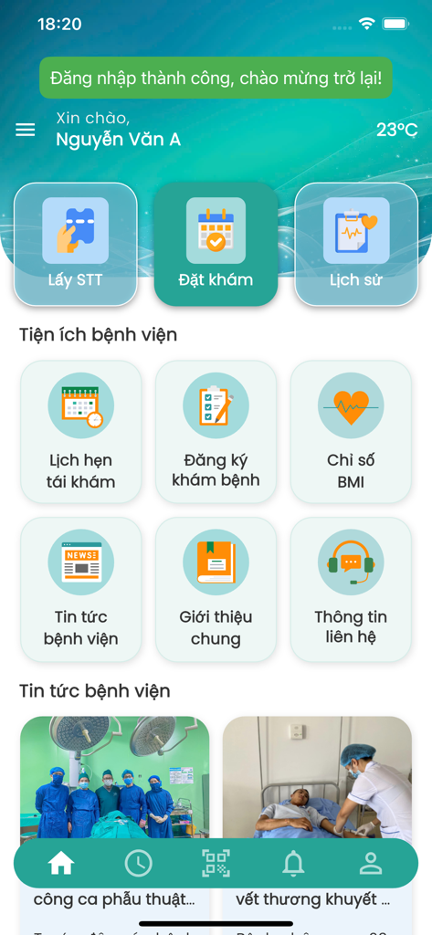 Bệnh viện Đa Khoa Ba Vì - Main dashboard of the Ba Vi General Hospital mobile app showing medical services and appointment booking options
