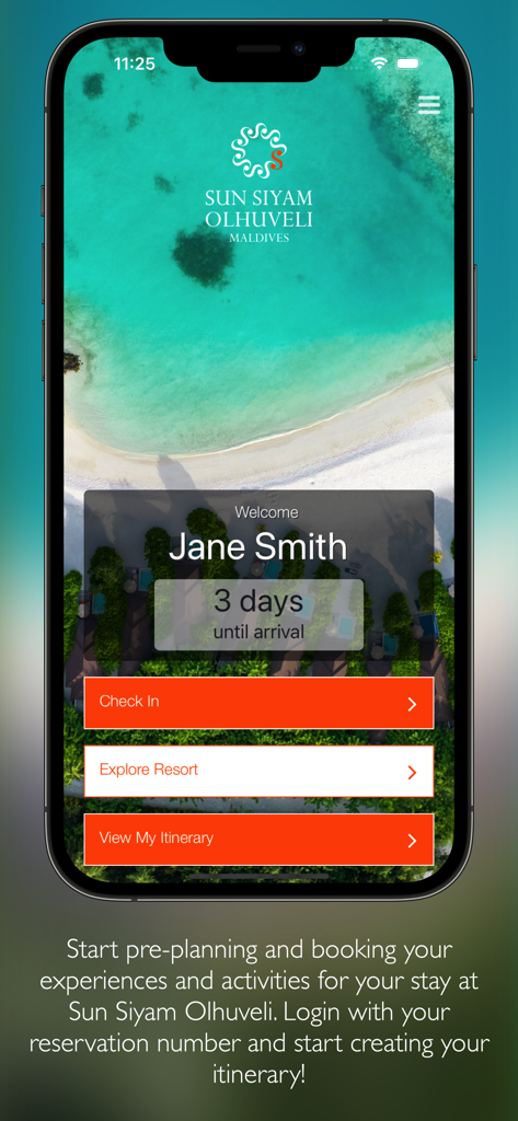 Schermata di benvenuto dell'app Olhuveli Maldives che mostra un conto alla rovescia fino all'arrivo e le opzioni per gli ospiti
