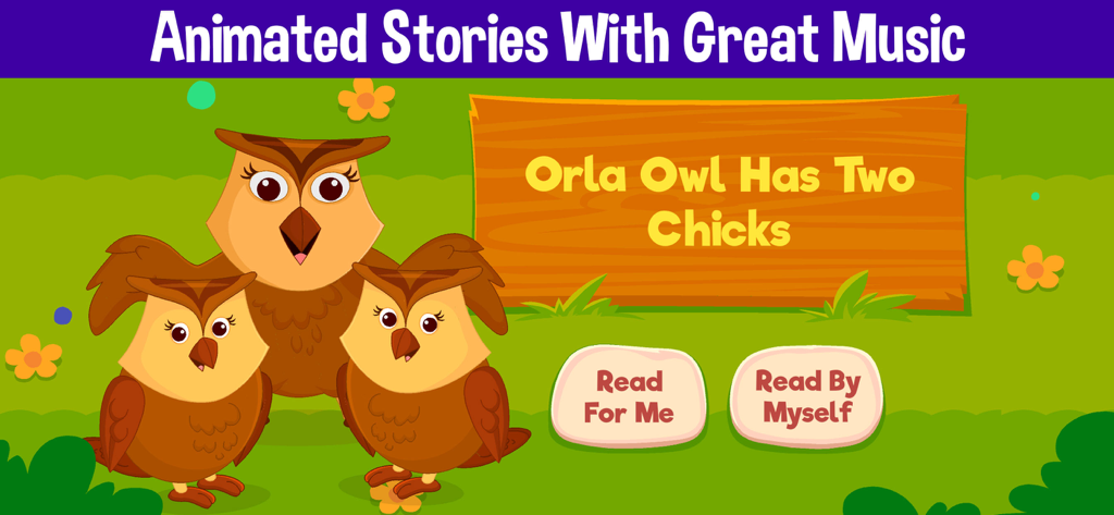 Learn To Read Stories For Kids - Animated story interface featuring Orla Owl with reading options for kids