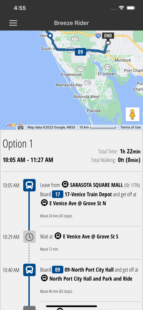 Breeze Rider - A screenshot of the Breeze Rider app trip planner showing a detailed bus route from Sarasota Square Mall to North Port City Hall with transfer times and a map.